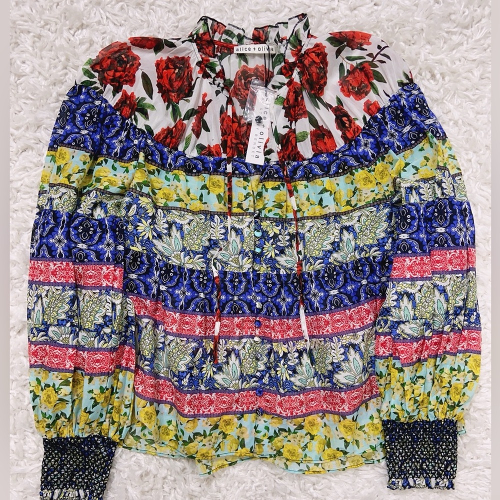 NWT $375 Alice + Olivia Marlyn Floral Patchwork Peasant Blouse